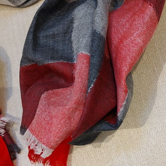 Talbot's Wool Metallic Red, Gray, & White Buffalo Check Scarf Wrap - Picture 7 of 8